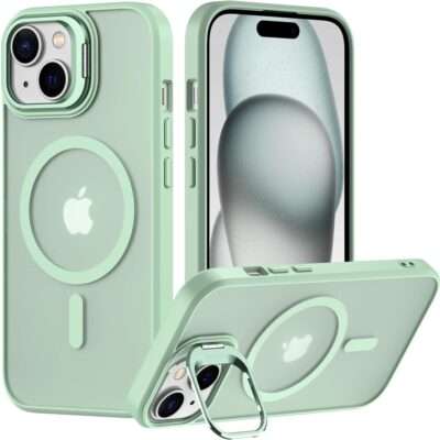 Nvollnoe for iPhone 15 Case Compatible with MagSafe Military Grade Shockproof Heavy Duty Protective Adjustable Kickstand Matte Semi Clear Phone Case for iPhone 15(Mint)