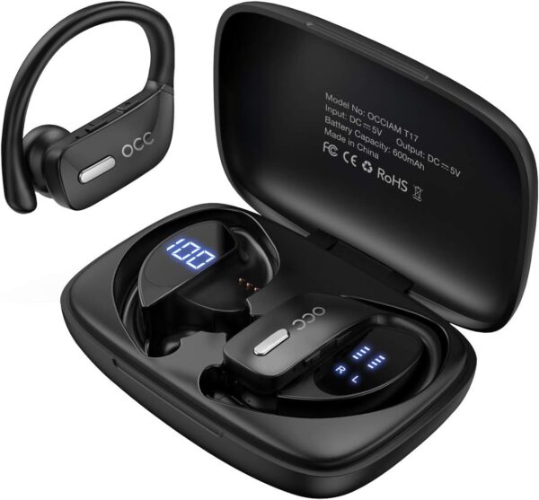 occiam Wireless Earbuds Bluetooth Headphones 48H Play Back Earphones in Ear Waterproof with Microphone LED Display for Sports Running Workout Black