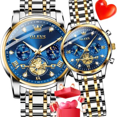 OLEVS Couple Watch His and Her Watch Set Mens Womens Matching Watch Diamond Romantic Valentine’s Day Chronograph Watch