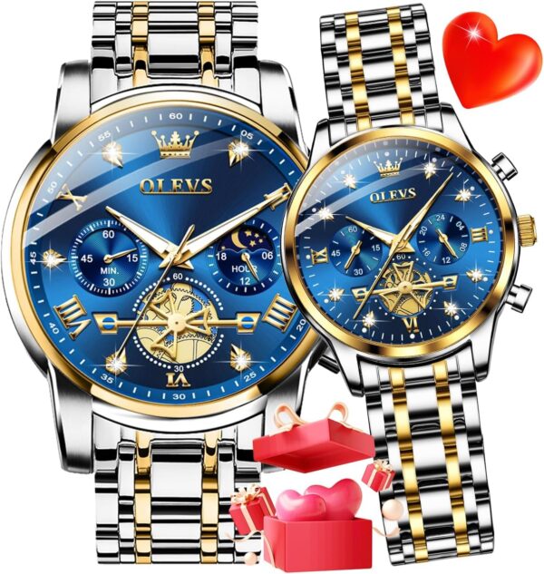 OLEVS Couple Watch His and Her Watch Set Mens Womens Matching Watch Diamond Romantic Valentine’s Day Chronograph Watch