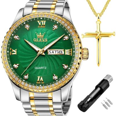 OLEVS Diamond Watches for Men,Business Dress Watch Waterproof Luminous,Male Golden Big Dial Luxury Casual Quartz Analog Watches with Day Date Calendar and Stainless Steel Band