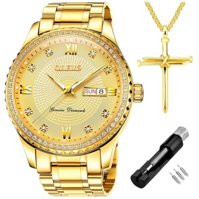 OLEVS Diamond Watches for Men,Business Dress Watch Waterproof Luminous,Male Golden Big Dial Luxury Casual Quartz Analog Watches with Day Date Calendar and Stainless Steel Band