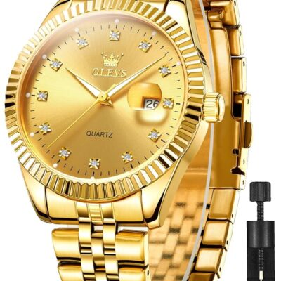 OLEVS Gold Watches for Men Design Diamond Square Tonneau Stainless Steel Waterproof Luminous Unique Luxury Business Day Date Wrist Watches Mens