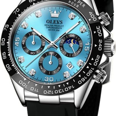 OLEVS Men Analog Quartz Waterproof Watches Multifunction Chronograph Diamond Moon Phase Luminous Silicone Band Wrist Watches