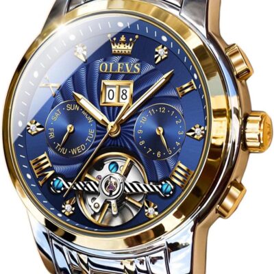 OLEVS Men Automatic Watch Skeleton 5 Hands Mechanical Classic Luxury Multi Calendar Stainless Steel Waterproof Wrist Watch for Men