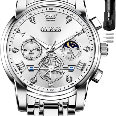 OLEVS Men Skeleton Watches Stainless Steel Analog Quartz Moon Phase Male Watch, Diamond Multi Calendar Chronograph Watch,Waterproof Wrist Watch for Men