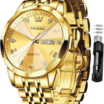 OLEVS Men Watches Business Dress Diamond Analog Quartz Date Luxury Wrist Watch Casual Stainless Steel Waterproof Luminous Two Tone Watch for Men