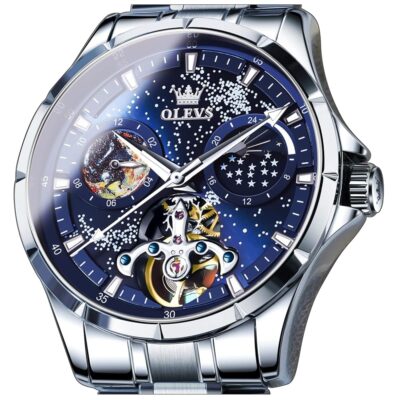 OLEVS Men’s Automatic Mechanical Watches Luxury Dress Waterproof Self Winding Moon Phase Chronograph Stainless Steel Luminous Date Tourbillon Wristwatch for Men