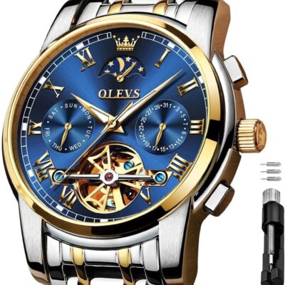 OLEVS Men’s Automatic Mechanical Watches Luxury Dress Waterproof Self Winding Moon Phase Chronograph Stainless Steel Luminous Date Tourbillon Wristwatch for Men