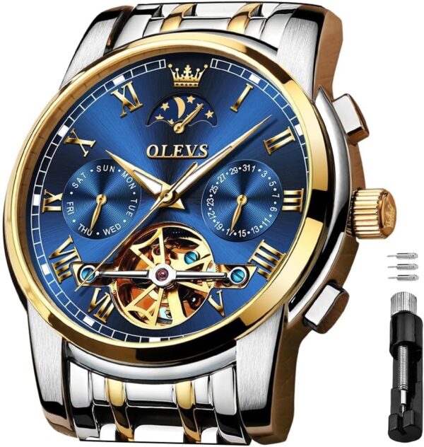 OLEVS Men's Automatic Mechanical Watches Luxury Dress Waterproof Self Winding Moon Phase Chronograph Stainless Steel Luminous Date Tourbillon Wristwatch for Men