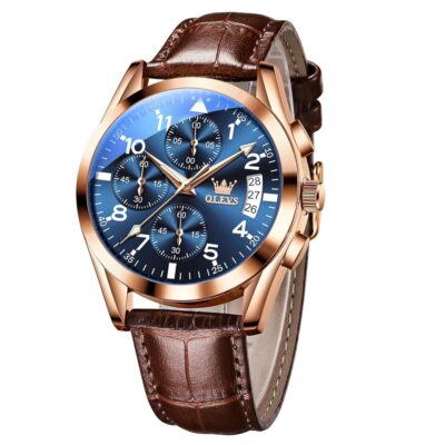 OLEVS Men’s Casual Leather Watch, Big Face Chronograph Watch for Men, Fashion Easy to Read Dress Watch, Men’s Waterproof Luminous Date Analog Watch, Gold/Black/White/Blue Dial