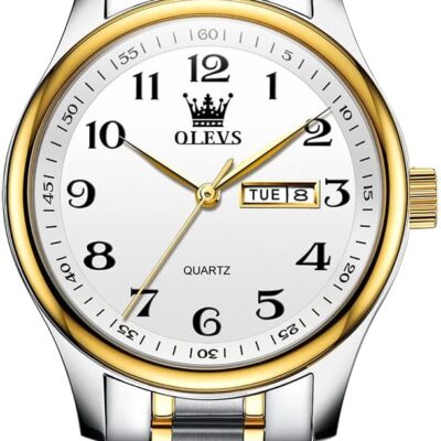 OLEVS Men’s Luxury Stainless Steel Watch, Big Face Gold Silver Two Tone Analog Quartz Dress Watch for Men, Casual Easy to Read Waterproof Luminous Day Date Men Wrist Watch