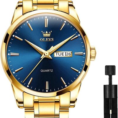 OLEVS Men’s Luxury Stainless Steel Watch, Big Face Gold Silver Two Tone Analog Quartz Dress Watch for Men, Casual Easy to Read Waterproof Luminous Day Date Men Wrist Watch