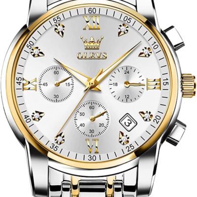 OLEVS Men’s Stainless Steel Chronograph Watch, Big Face Gold Silver Black Tone Easy to Read Analog Quartz Watch, Luxury Waterproof Date Diamond Roman Arabic Numerals Dial Dress…