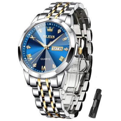 OLEVS Mens Watch Stainless Steel Analog Quartz Watches for Men Day Date Easy Read Diamond Waterproof Dress Luxury Classic Casual Big Face Blue/Black/Gold/Silver Roman Arabic…