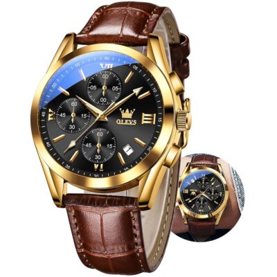 OLEVS Men’s Watches Brown Leather with Date,Casual Watches for Men,Large Face Watches Men,Chronograph Mens Watch,Sport Waterproof Business Dress Analog Quartz Men’s Wrist…