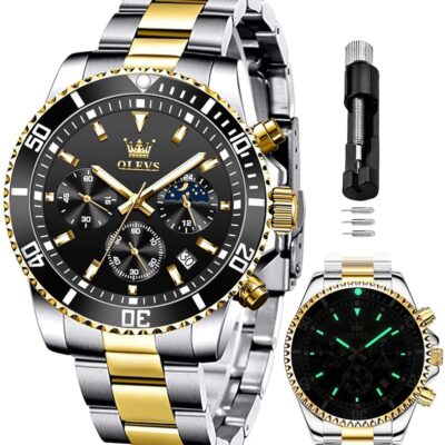 OLEVS Mens Watches Chronograph Luxury Dress Moon Phase Quartz Stainless Steel Waterproof Luminous Business Calendar Wrist Watch