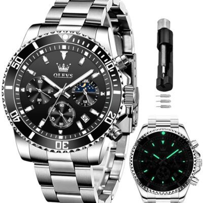 OLEVS Mens Watches Chronograph Luxury Dress Moon Phase Quartz Stainless Steel Waterproof Luminous Business Calendar Wrist Watch