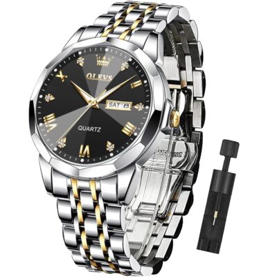 OLEVS Mens Watches Large Face Watch for Men Casual Stainless Steel Diamond Analog Quartz Waterproof Date Dress Men’s Wrist Watch…