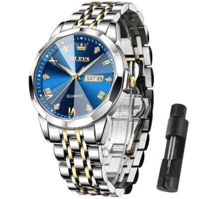 OLEVS Mens Watches Luxury Business Diamond Analog Quartz Watches for Men with Date Two Tone Stainless Steel Waterproof Luminous Dress Wrist Watches