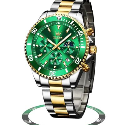 OLEVS Men’s Watches with Date, Premium Gold and Silver Stainless Steel Analog Watches for Men, Classic Rotatable Bezel Men’s Cuff Watches, Blue/Green/Black Dial