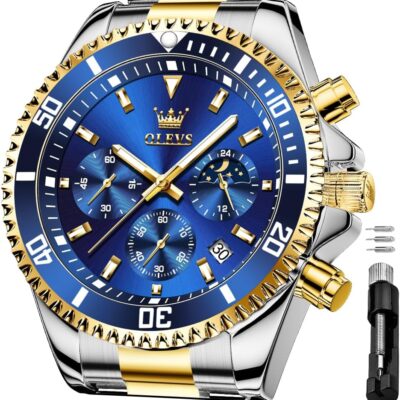 OLEVS Men’s Waterproof Watches Stainless Steel Waterproof Chronograph Wrist Watches Luxury Dress White Luminous Big Face Analog Quartz Male Watches