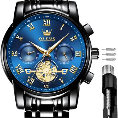 OLEVS Men’s Waterproof Watches Stainless Steel Waterproof Chronograph Wrist Watches Luxury Dress White Luminous Big Face Analog Quartz Male Watches