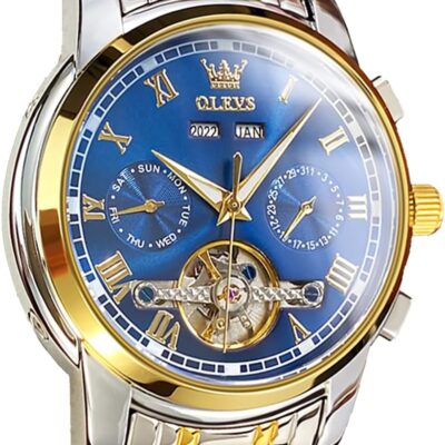 OLEVS Self Winding Watches for Men Automatic Mechanical Dress Tourbillon Stainless Steel Dual Calendar Waterproof Luminous Wrist Watch