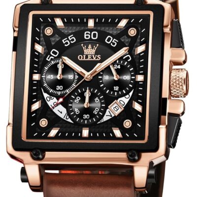 OLEVS Square Watches for Men Brown Leather Chronograph Fashion Business Watch Luminous Waterproof Casual Wrist Watches