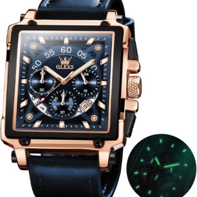 OLEVS Square Watches for Men Brown Leather Chronograph Fashion Business Watch Luminous Waterproof Casual Wrist Watches