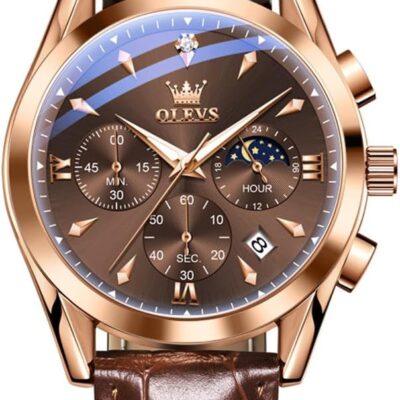 OLEVS Watches for Men Leather Watch Analog Quartz Luxury Chronograph Wrist Watches with Date Dress Waterproof Luminous Men Watches