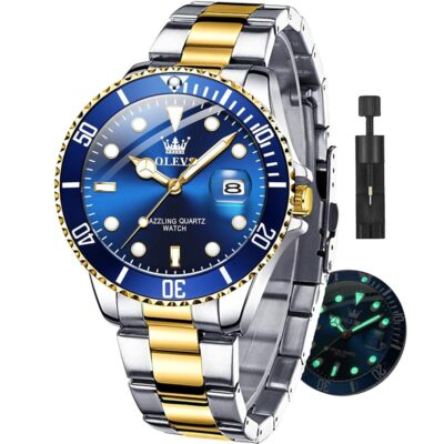 OLEVS Watches for Men with Date Luxury Big Face Waterproof Mens Wristwatch Analog Dress Two Tone Stainless Steel Man Watch Luminous Relojes De Hombre Calendar(Green/Blue/Black Dial