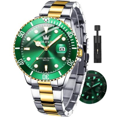 OLEVS Watches for Men with Date Luxury Big Face Waterproof Mens Wristwatch Analog Dress Two Tone Stainless Steel Man Watch Luminous Relojes De Hombre Calendar(Green/Blue/Black Dial