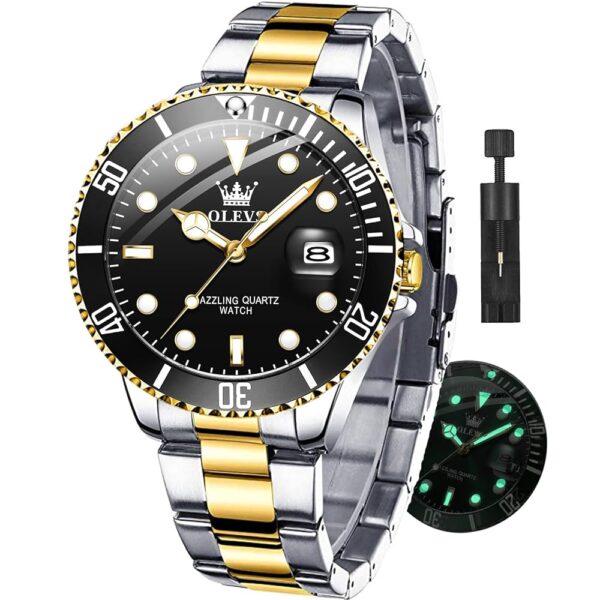 OLEVS Watches for Men with Date Luxury Big Face Waterproof Mens Wristwatch Analog Dress Two Tone Stainless Steel Man Watch Luminous Relojes De Hombre Calendar(Green/Blue/Black Dial