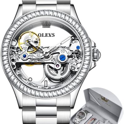 OLEVS Women Watch Skeleton Set Automatic Mechanical Silver Luxury Dress Waterproof Luminous Lady Watch Valentine’s Day Gift