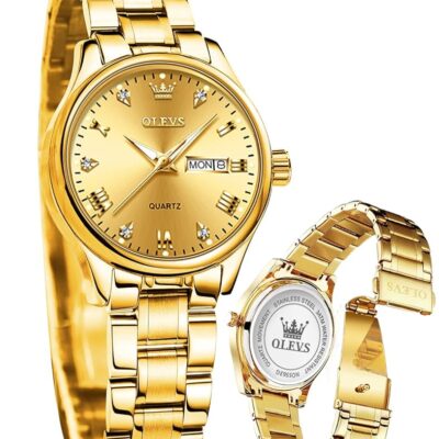 OLEVS Women’s Watch Gold Diamond Classic Elegant Dress Wrist Watch Stainless Steel Waterproof Day Date