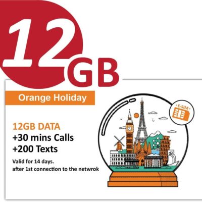 Orange Holiday Europe Prepaid eSIM Card 12GB Internet Data in 5G/4G/LTE (Data tethering Allowed)+30min & 200 SMS from Europe to Any Country Worldwide