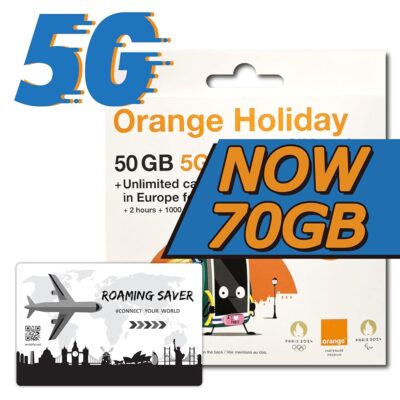 Orange Holiday Europe Prepaid SIM Card 28 Days Combo Deal 50GB Internet Data in5G/ 4G/LTE (Data tethering Allowed) + 120min International Calls + 1000 Texts from Europe to Any…