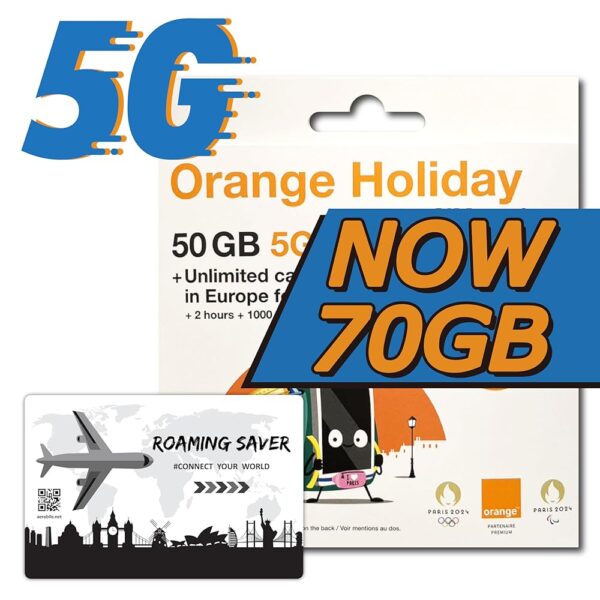 Orange Holiday Europe Prepaid SIM Card 28 Days Combo Deal 50GB Internet Data in5G/ 4G/LTE (Data tethering Allowed) + 120min International Calls + 1000 Texts from Europe to Any...