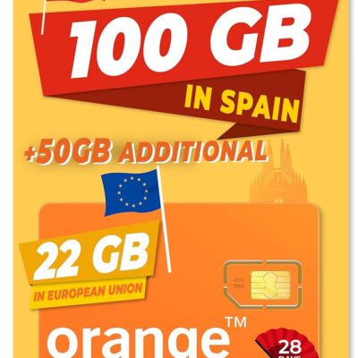 Orange Spain – Prepaid SIM Card 150 GB in Spain | 5€ Balance | 50 Minutes to The US | Activation Online only at www. tourtech. Shop