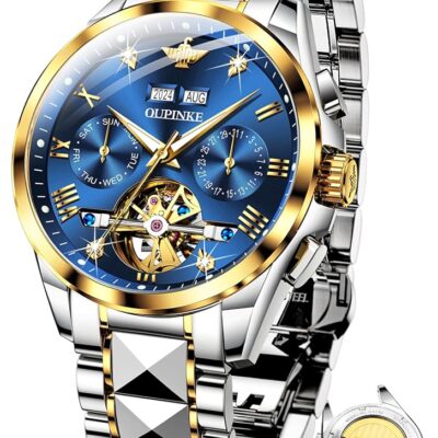 OUPINKE Mens Automatic Watch Diamond Skeleton Mechanical Self Winding Luxury Dress Wrist Watch Sapphire Crystal Tungsten