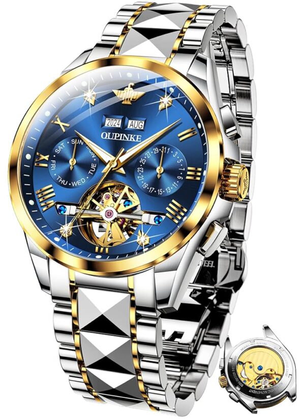 OUPINKE Mens Automatic Watch Diamond Skeleton Mechanical Self Winding Luxury Dress Wrist Watch Sapphire Crystal Tungsten