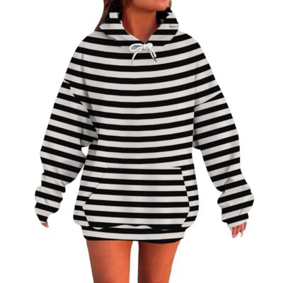 Oversized Striped Hoodies Sweatshirt for Women Fleece Lined Pullover Tops with Pocket Casual Long Sleeve Sherpa Shirt