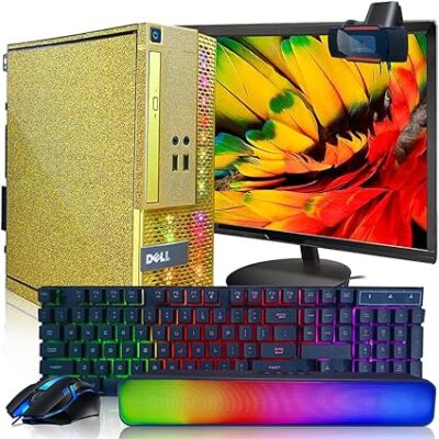 PC Gold Treasure Box RGB Dell Desktop Quad Core I5 up to 3.6G, 16G, 512G SSD, WiFi, Bluetooth 4.0, RGB Gaming Keyboard & Mouse, DVD, New 22″ 1080 FHD LED, RGB Sound Bar, Webcam,…