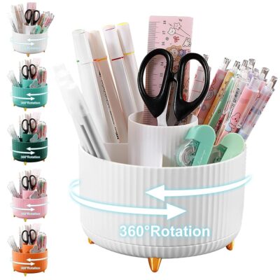 Pencil Holder For Desk,5 Slots 360°Degree Rotating Desk Organizers And Accessories,Desktop Storage Stationery Supplies Organizer, Cute Pencil Cup Pot For Office, School, Home…