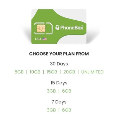 PhoneBox USA Prepaid SIM Card | Choose from 5GB, 10GB, 15GB, 20GB or Unlimited for 30 Days, 3 or 6GB for 7 or 15 Days | No Contracts