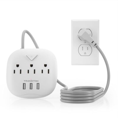 Power Strip 3 Outlets and 3 USB Ports with Switch Control, Desktop Charging Station with 5 ft Extension Cord, Compact for Nightstand, Office and Travel – White