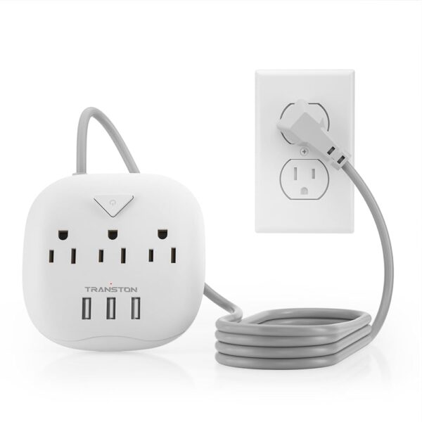 Power Strip 3 Outlets and 3 USB Ports with Switch Control, Desktop Charging Station with 5 ft Extension Cord, Compact for Nightstand, Office and Travel - White