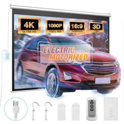 Powerextra 100 Inch Motorized Projector Screen with Wireless Remote Control 16:9 4K HD Wall/Ceiling Mounted Electric Movie Screen for Home Theater Presentation Education Outdoor…