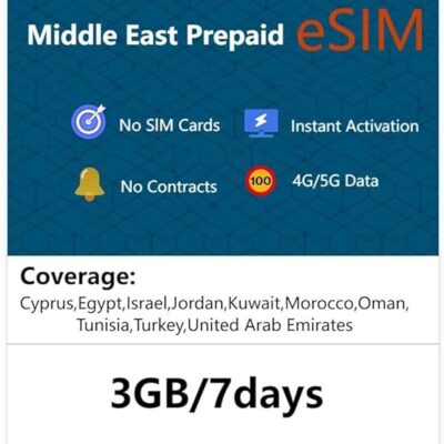 Prepaid eSIM Card for Travel to Cyprus, Egypt, Israel, Jordan, Kuwait, Morocco, Oman, Tunisia, Turkey, United Arab Emirates